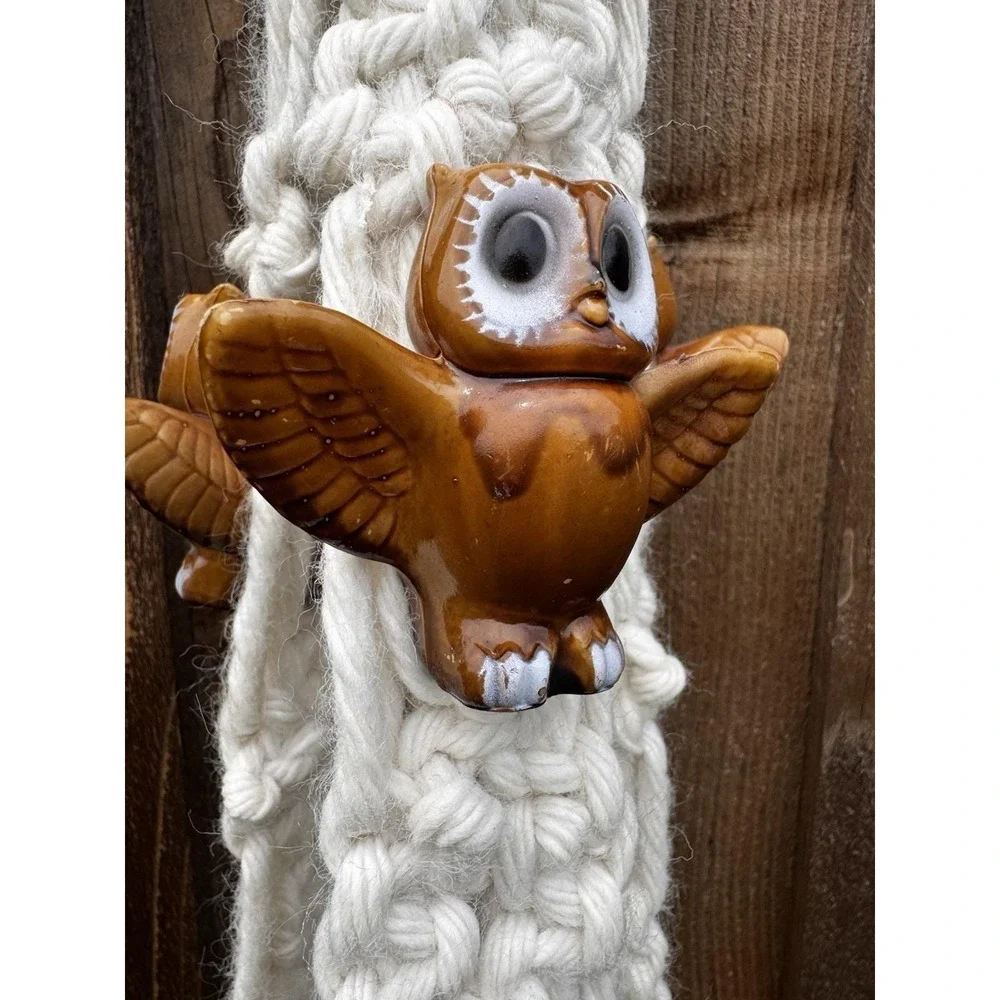Macrame Cream Plant Hanger Boho 70s Hanging Planter w/ Owl Accents 58